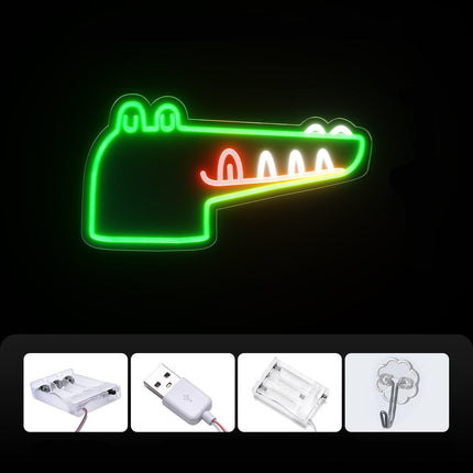 Insegna luminosa neon testa di coccodrillo