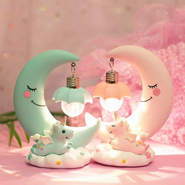 Luce 3D unicorno luna rosa blu