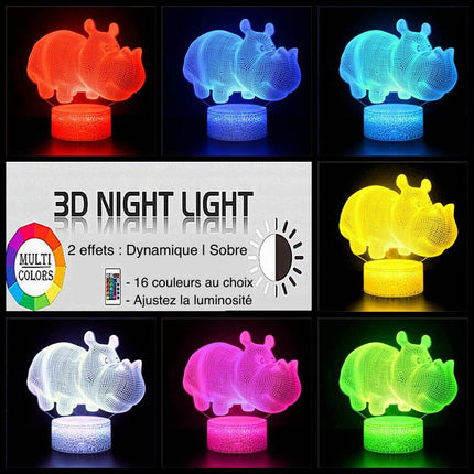 Lampada 3D LED ippopotamo con telecomando