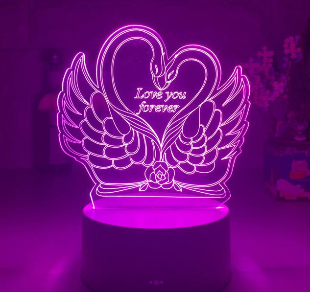 Lampada 3D LED cigni a cuore