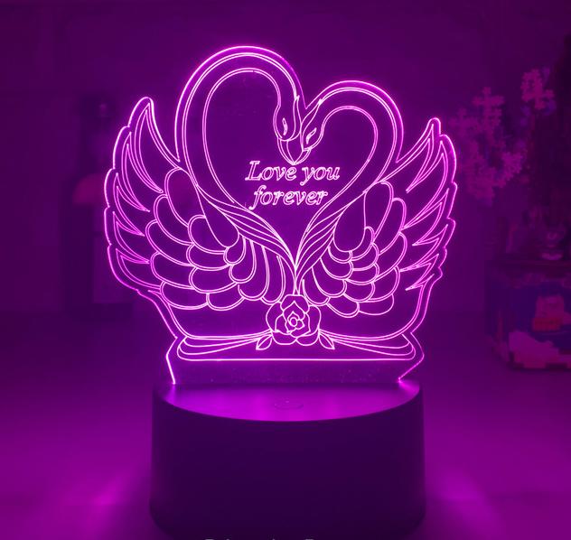 Lampada 3D LED cigni a cuore
