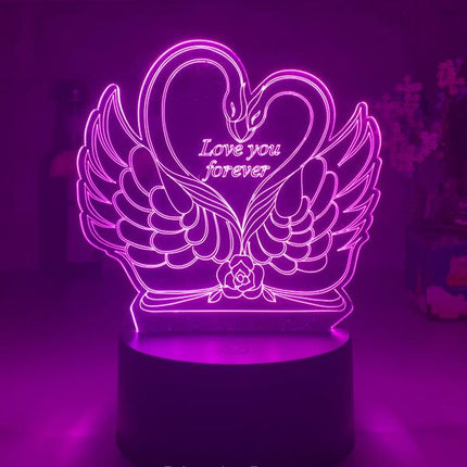Lampada 3D LED cigni a cuore