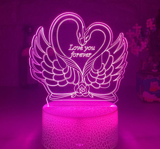 Lampada 3D LED cigni a cuore