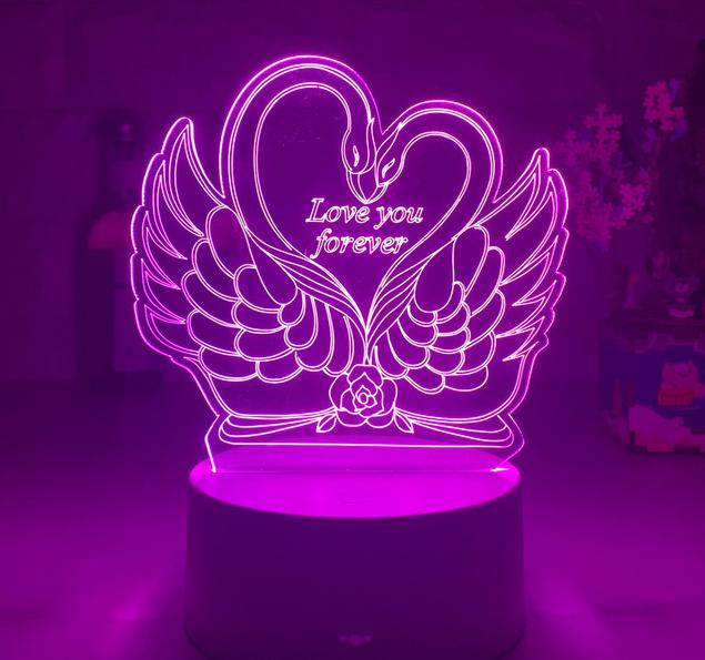 Lampada 3D LED cigni a cuore