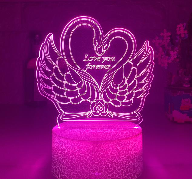 Lampada 3D LED cigni a cuore
